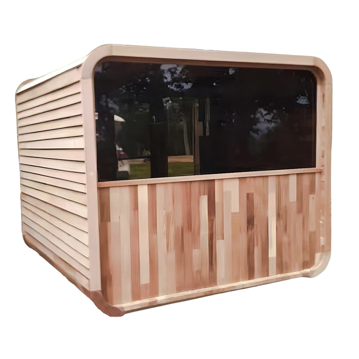 Outdoor Cube Wood-Fired Sauna Cabin with Porch and LED Bench Lighting – Canadian Hemlock, 4-6 Person Capacity