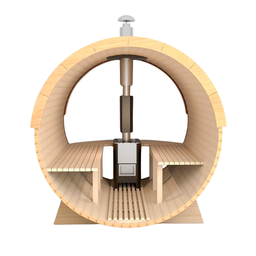 2-Person Outdoor Barrel Sauna with Wood Stove, Porch, Asphalt Roof, Hemlock Construction & Accessories – 220V