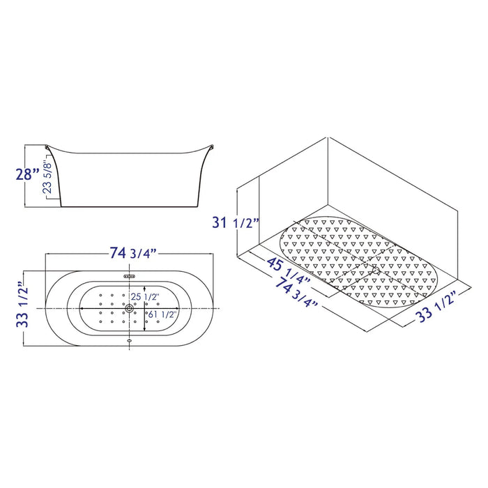 EAGO AM1900 74 3/4" White Freestanding Air Bubble Bathtub