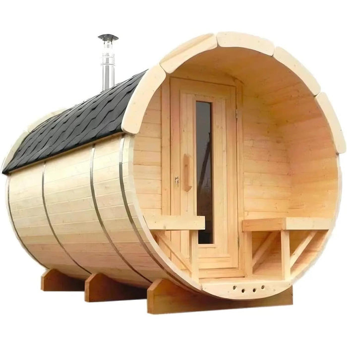 2-Person Outdoor Barrel Sauna with Wood Stove, Porch, Asphalt Roof, Hemlock Construction & Accessories – 220V