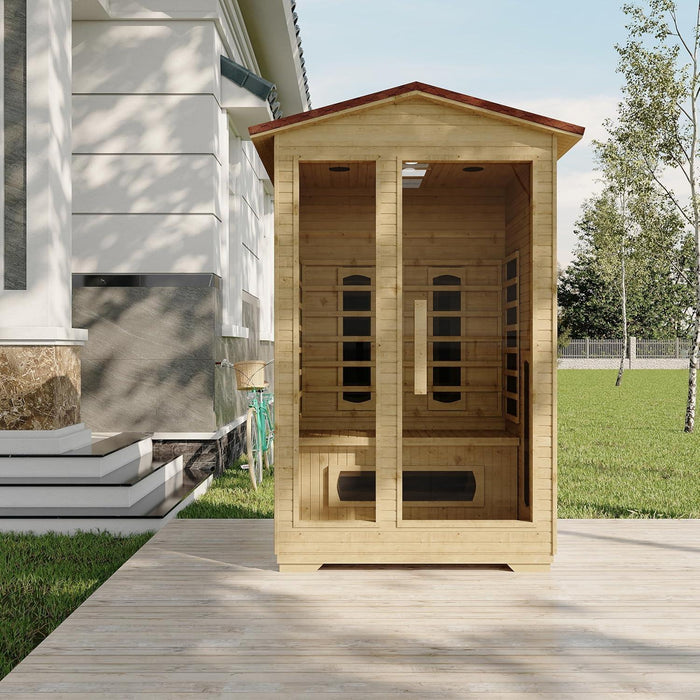 2-Person Outdoor Infrared Sauna with 360° Heat, Chromotherapy, Bluetooth Audio & Spruce Wood Design – 110V
