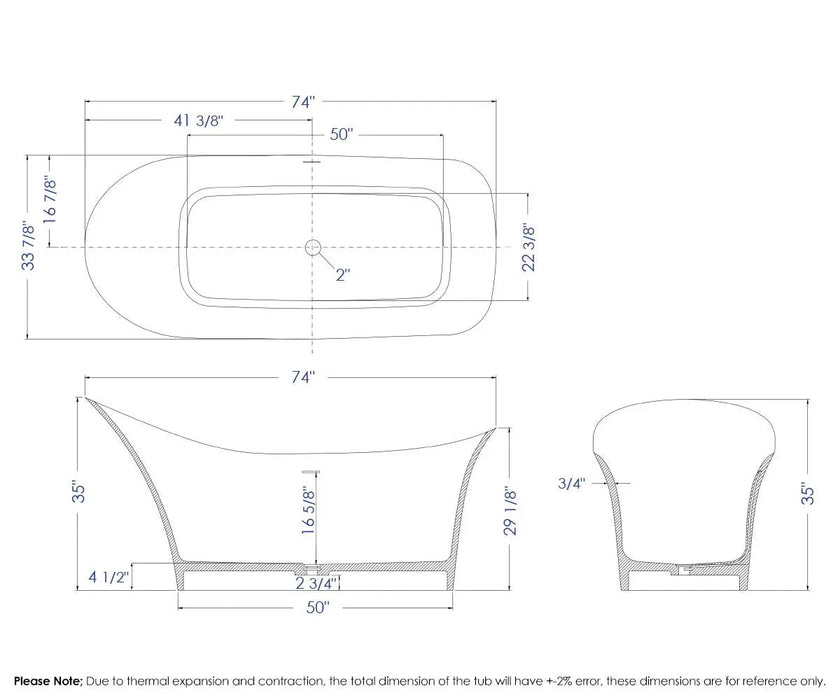 AB9915 - 74" Matte White Solid Surface Resin Slipper Bathtub