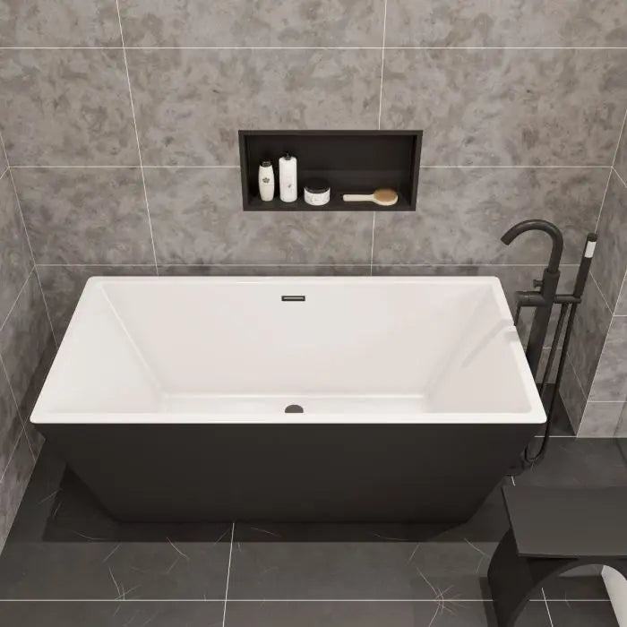 ALFI 59" Rectangular Skirted Black and White Freestanding Tub with Offset Drain