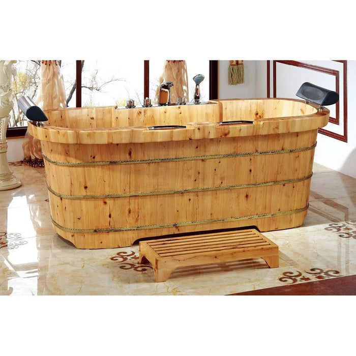 ALFI AB1130 65" 2 Person Free Standing Cedar Wooden Bathtub with Fixtures & Headrests