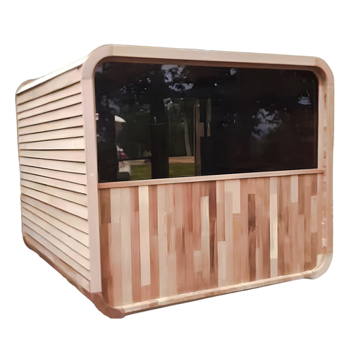 Outdoor Cube Wood-Fired Sauna Cabin with Porch and LED Bench Lighting – Canadian Hemlock, 4-6 Person Capacity